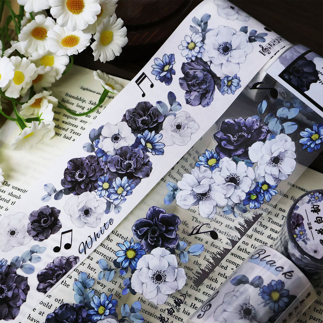 Pre-cut "White/black flowers" Floral PET Tape (F586)