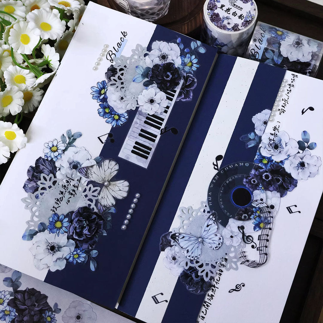 Pre-cut "White/black flowers" Floral PET Tape (F586)