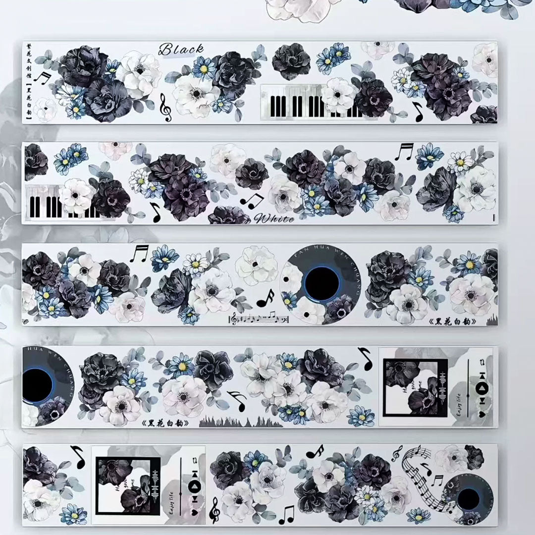 Pre-cut "White/black flowers" Floral PET Tape (F586)