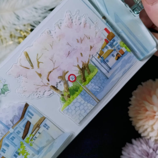 "Street in the Spring" Pre-cut Cityscape PET Tape for Layered Collage (V555)